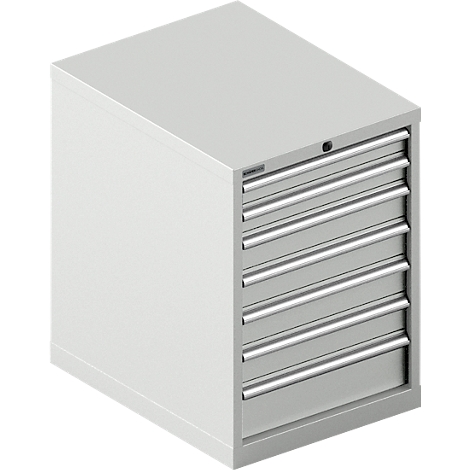 Armoire à outils gris clair avec 6 tiroirs, poignées métalliques et une petite serrure en haut.