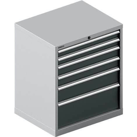 Armoire à outils grise avec six tiroirs et poignées argentées. Un trou de serrure en haut.