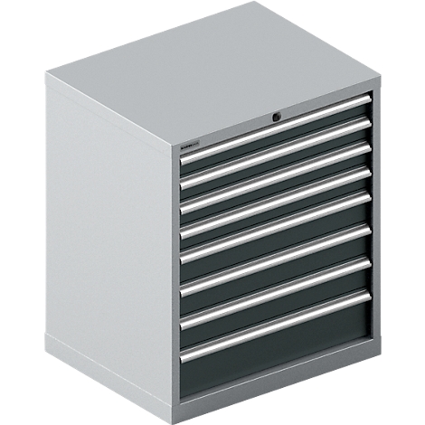 Armoire à outils grise avec six tiroirs et poignées argentées.