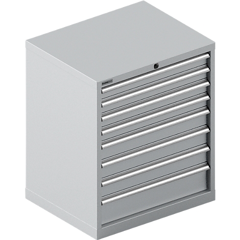 Armoire à outils grise avec sept tiroirs et poignées.