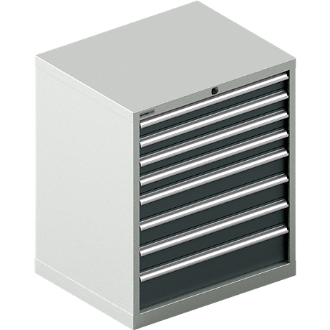 Armoire à outils gris clair avec tiroirs foncés et poignées argentées, vue de dessus.