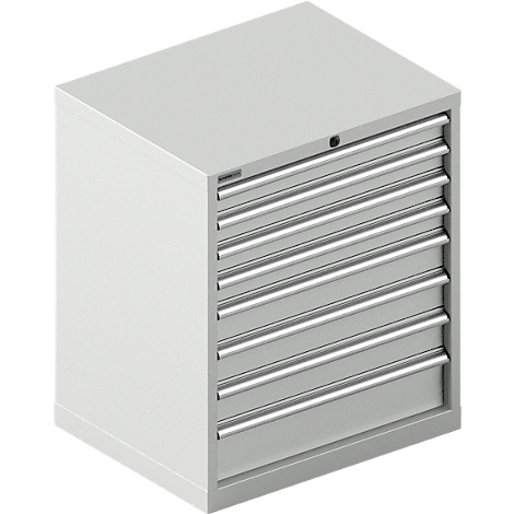 Armoire à outils grise avec 7 tiroirs. Poignées en métal et un trou de serrure sont visibles.