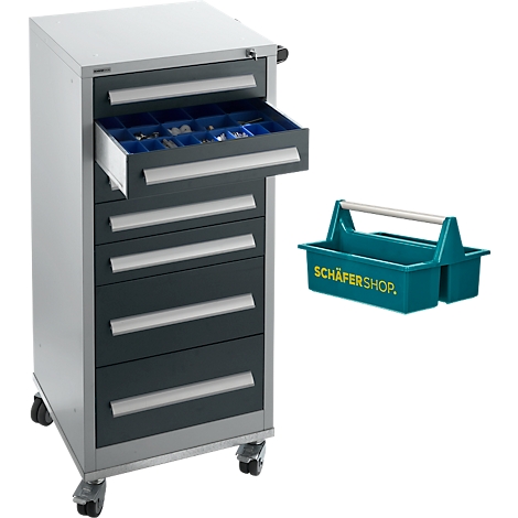 Armoire à outils grise et noire avec un tiroir ouvert. À côté, une boîte à outils verte avec poignée.