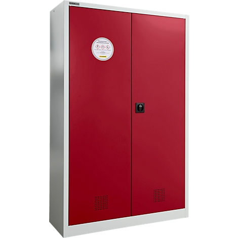 Armoire rouge avec cadres blancs, autocollants ronds jaunes avec symboles de danger. Bouton noir.