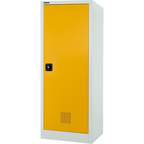 Casier jaune avec cadre blanc et poignée noire.