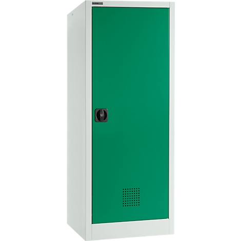 Un casier vert avec un cadre blanc, une poignée noire et une grille d'aération.