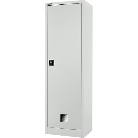 Armoire en acier gris avec porte, poignée et fentes de ventilation.