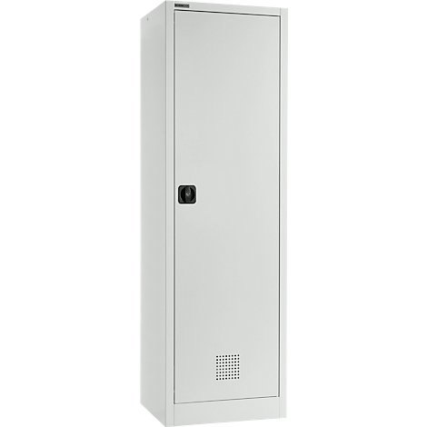 Armoire blanche avec porte, poignée et fentes de ventilation. Forme rectangulaire, aspect métal.