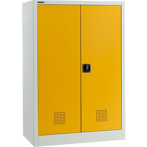 Armoire jaune avec cadre et poignée blancs ; deux portes, ouvertures de ventilation carrées.