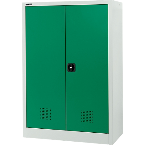 Une armoire blanche et verte avec deux portes, une poignée noire et des fentes d'aération.