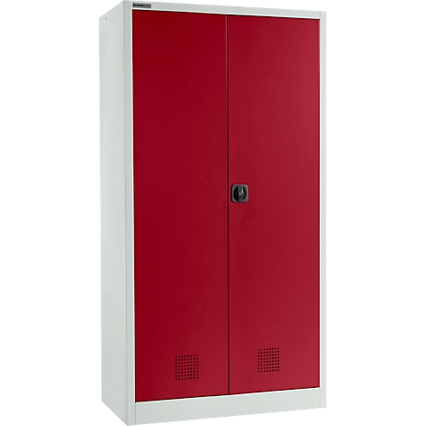 Armoire à portes rouges et cadre blanc. Deux portes avec une poignée noire et des aérations.