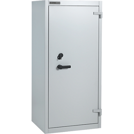 Coffre-fort gris sur fond blanc. Poignée et bouton noirs.