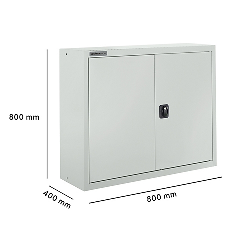 Hellgrauer Stahlschrank mit zwei Türen, einem schwarzen Griff und Maßangaben (800x800x400 mm).