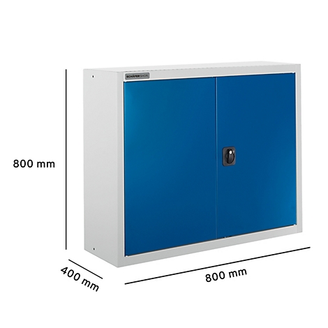 Blau-weißer Schrank mit zwei Türen, Maße: 800 x 800 x 400 mm.
