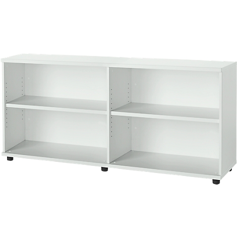 White shelf with two compartments and black feet. A shelf divides each compartment horizontally.