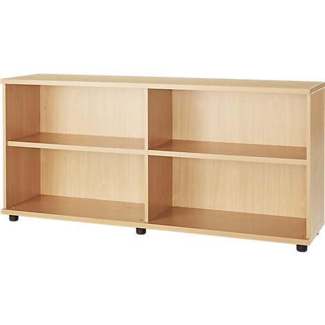 Light brown shelf with two shelves and four compartments. Black feet.