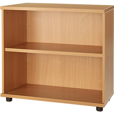 Beige bookcase with two shelves. It stands on black feet. The background is white.