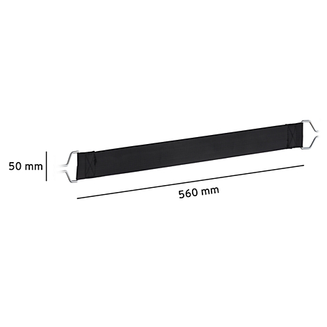 Bande textile noire avec œillets métalliques, 50 mm de large, 560 mm de long. Illustration sur fond blanc.