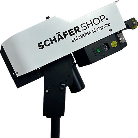 Machine-vormig object, wit en zwart. Opschrift: SCHÄFER SHOP.