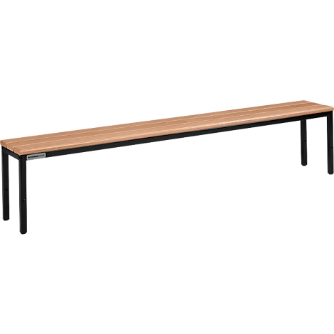 A long, rectangular bench with a wooden surface and black metal legs. A silver sign on one side.
