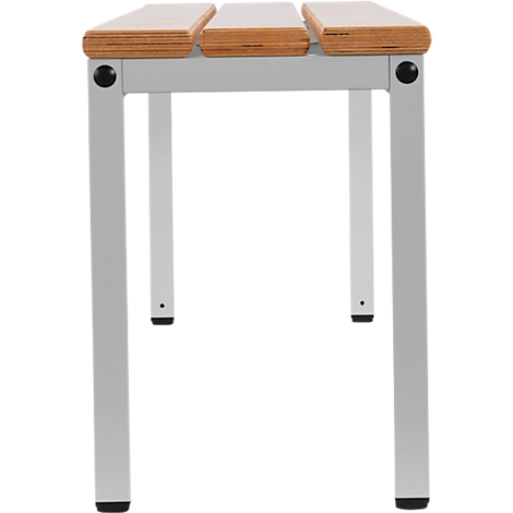 Stool with light wooden surface and gray metal frame. Black accents on the leg connections and ends.
