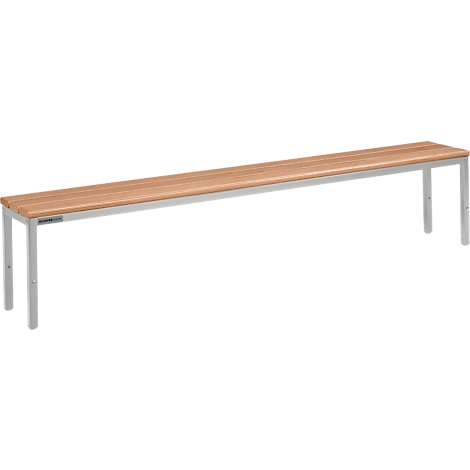 Long bench with brown wooden top and light gray metal legs. The bench is isolated.