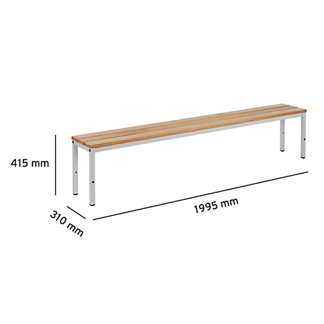 Wooden bench with white frame. Dimensions: 1995 mm long, 310 mm wide, 415 mm high.