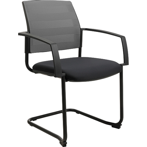 Schwarzer Bürostuhl mit Armlehnen, grauer Netzrückenlehne und schwarzem Sitz, stehend auf einem Metallgestell.