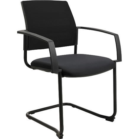 Schwarzer Freischwinger-Bürostuhl, Armlehnen. Sitzfläche und Rückenlehne sind gepolstert.