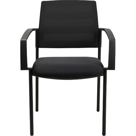 Schwarzer Bürostuhl: Rückenlehne mit Netzstoff, gepolsterter Sitz, Armlehnen. Vierbeiniges Gestell, geradliniges Design.