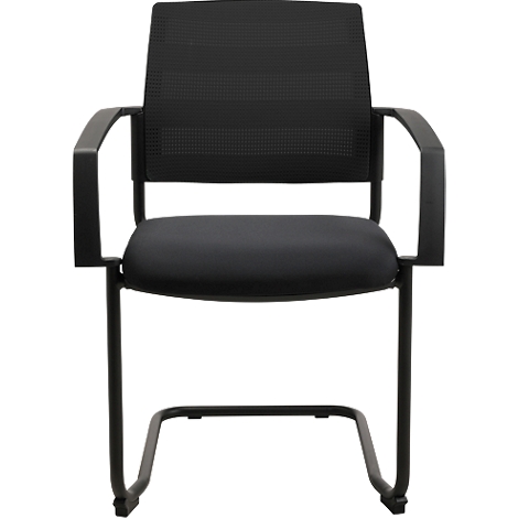 Zwarte bezoekersstoel, mesh rug, armleuningen, cantilever frame. Zitting van kunstleer.