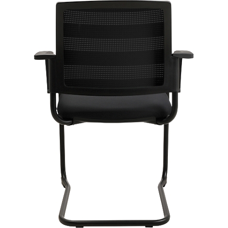 Zwarte bureaustoel. Rugleuning met mesh-stof, zitbekleding, armleuningen. Metalen frame.