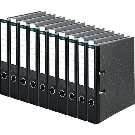 Row of black file folders with white labels and gray spines.