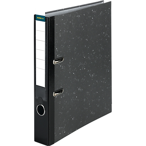 Black file folder with white label and silver metal rings.