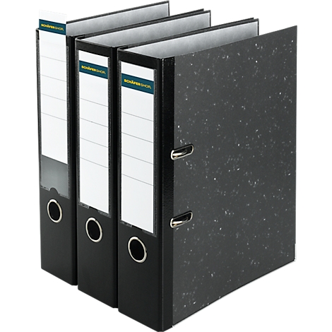 Three black binders with white labels, gray speckled covers, and metal clasps stand next to each other.