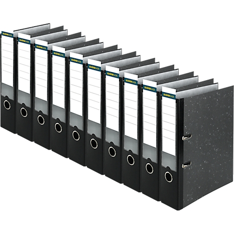 Row of black lever arch files with white labels. One binder is open.