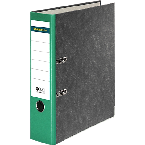 Green and gray binder with empty label for notes.