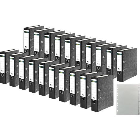 An arrangement of grey binders with white labels. Some sheets are placed next to them.