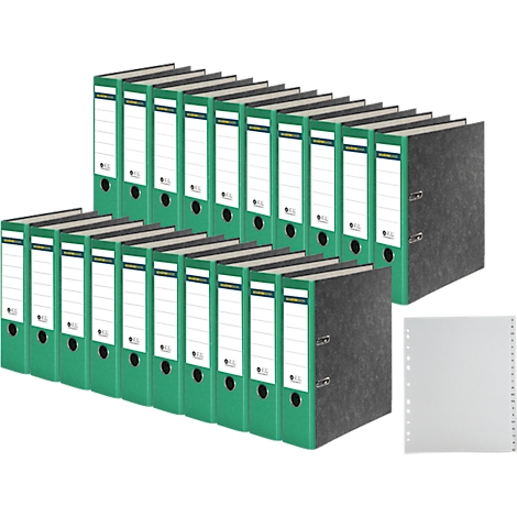 Green file folders in two stacks, next to gray file folders, a folder cover set.