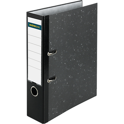 Black file folder with white label and silver rings. Text: Schäfershop.