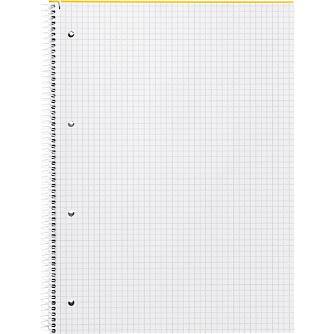 Un cahier blanc quadrillé avec reliure à spirale et perforation. Le bord supérieur est jaune.