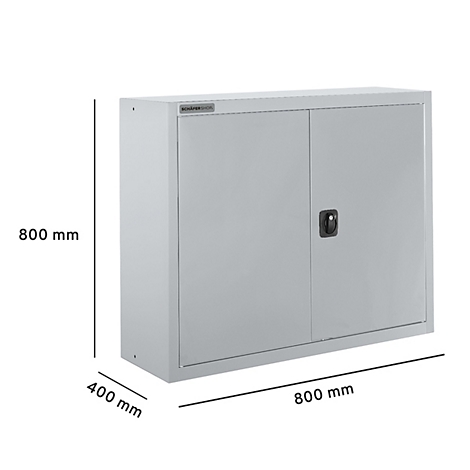 Grijze, aan de muur gemonteerde kast met twee deuren en zwarte handgreep, afmetingen: 800 x 800 x 400 mm.