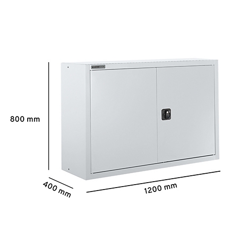 Witte wandkast met twee deuren, zwarte handgreep en afmetingen.