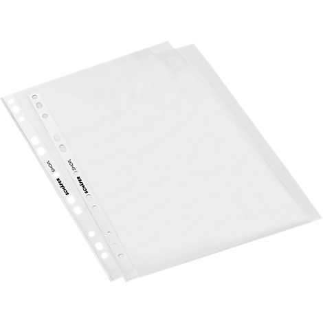 Two transparent, perforated document sleeves, photographed slightly diagonally from above. "schäfer" is printed on the lower left.