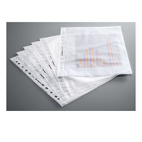 Transparent sheet protectors, some with holes, lie on a gray background. One sheet contains a chart.