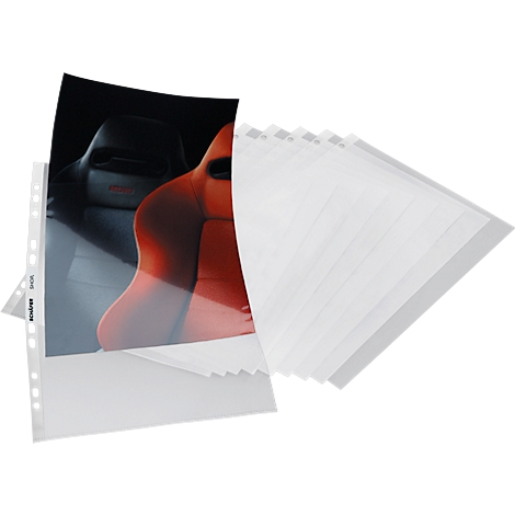 Several clear sleeves stacked over an image of a red car seat.