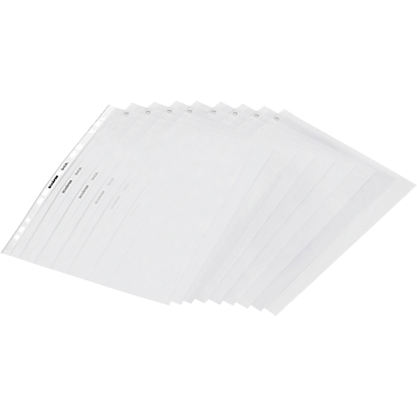 Stack of transparent sheet protectors, photographed slightly diagonally from above.
