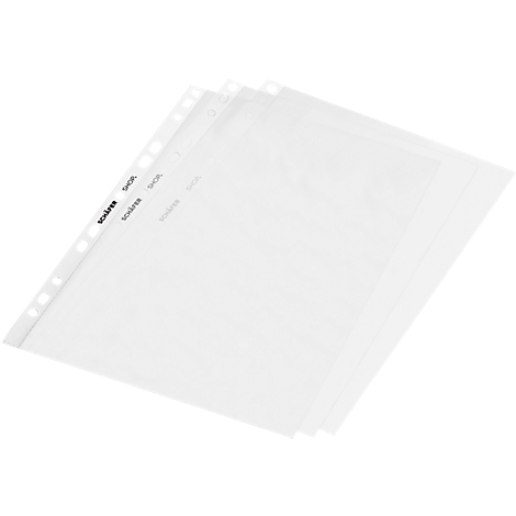Clear, transparent brochure covers; three are stacked, perforated on one side. The brand "scolarea" is printed on one corner.