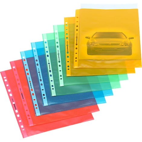 Various colored brochure holders, a yellow one shows a car.