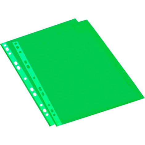 Two green transparent document sleeves, slightly overlapping, with a perforated edge for file binders.